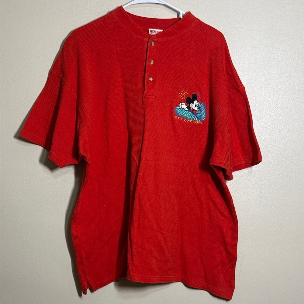 Vintage Red Mickey Mouse Henley Embroidered Vacation Sweater Shirt L XL